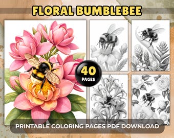 Pages à colorier florales de bourdons – 40 motifs botaniques d'abeilles et de fleurs, livre de coloriage pour adultes relaxant en niveaux de gris (téléchargement PDF imprimable)