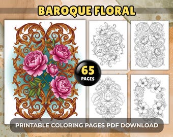 65 Baroque Floral Coloring Pages – Intricate Flower Patterns for Adults, Relaxing Printable PDF Download