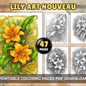 Lily Art Nouveau Coloring Pages – 47 Elegant Grayscale Flower for Adults, Printable PDF Download
