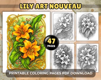 Lily Art Nouveau Coloring Pages – 47 Elegant Grayscale Flower for Adults, Printable PDF Download