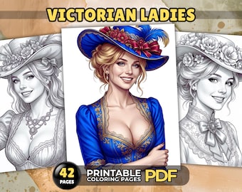 Pages à colorier pour femmes élégantes de l'époque victorienne - 42 modèles de portraits tendance vintage pour adultes et adolescents, PDF imprimable