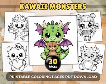 Kawaii Monsters Coloring Book for Adults & Kids, 30 Bold and Easy Spooky Cute Pages, Pastel Goth Aesthetic Printable PDF