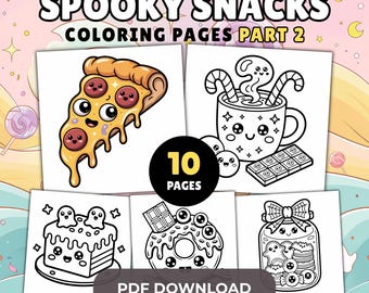 Coloriages Spooky Snacks : dessins d'aliments kawaii d'Halloween pour enfants et adultes (téléchargement PDF)