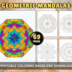 69 Geometric Mandala Patterns Adult Coloring Pages, Symmetrical Designs for Relaxation, Printable PDF Download