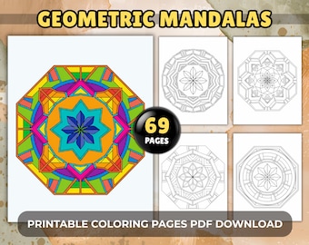 69 Geometric Mandala Patterns Adult Coloring Pages, Symmetrical Designs for Relaxation, Printable PDF Download