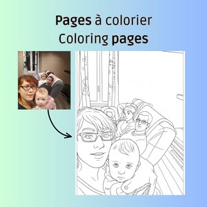 Puede incluir: Una p&aacute;gina para colorear con un retrato familiar. La imagen incluye una fotograf&iacute;a de una familia y un dibujo lineal de la misma familia. El texto en la parte superior dice "Pages &agrave; colorier Coloring pages".