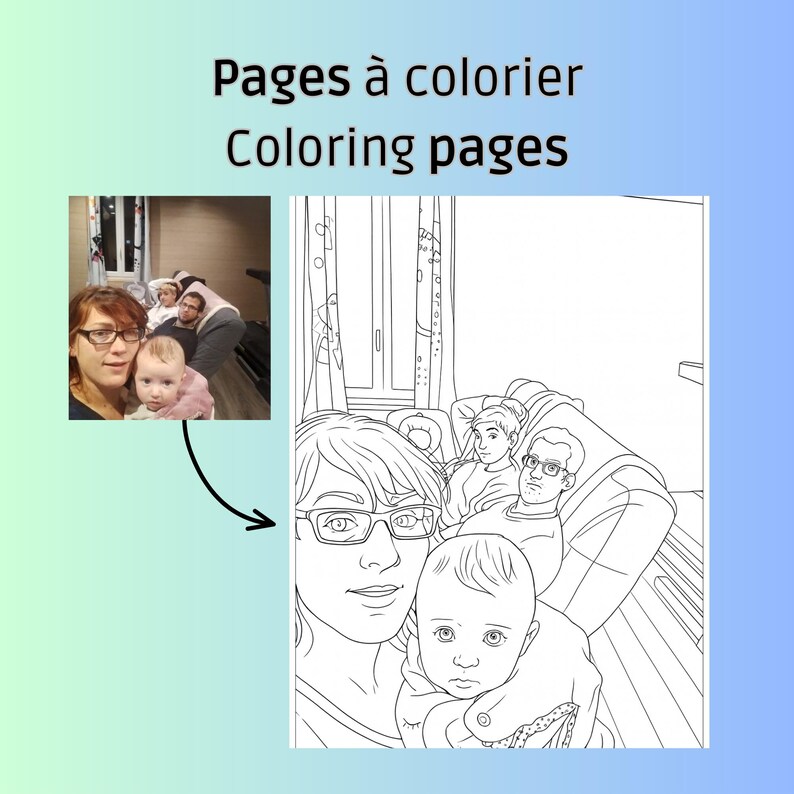 Puede incluir: Una p&aacute;gina para colorear con un retrato familiar. La imagen incluye una fotograf&iacute;a de una familia y un dibujo lineal de la misma familia. El texto en la parte superior dice "Pages &agrave; colorier Coloring pages".