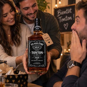 Può includere: Una bottiglia di vetro quadrata contenente whisky color ambra con un'etichetta nera personalizzata che riporta il testo TU VAS ÊTRE TONTON 2026. Un cartellino in cartone marrone legato al collo reca la scritta Futur Tonton con un cuore.