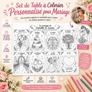 Puede incluir: Un mantel individual rectangular blanco para colorear en bodas con ocho ilustraciones de líneas en blanco y negro, incluyendo un pastel, un coche, un ramo y una pareja, con el texto Le mariage de Camille & Lucas arriba.