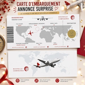 May include: A white boarding pass with red text and graphics featuring a world map, a flight path, and a gold scratch-off circle. The text includes 'BOARDING PASS', 'PREMIERE CLASSE', 'NOUVELLE COMPAGNIE', 'AF072', '09:55', '25', 'Jennifer Durand', '25A', and '10/2027'.