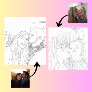 Puede incluir: Retratos de arte digital de una pareja y una madre con un ni&ntilde;o, cada uno en una pose de beso. Los retratos son dibujos lineales en blanco y negro, con las fotos originales en color en las esquinas. El fondo es un degradado de amarillo y rosa.
