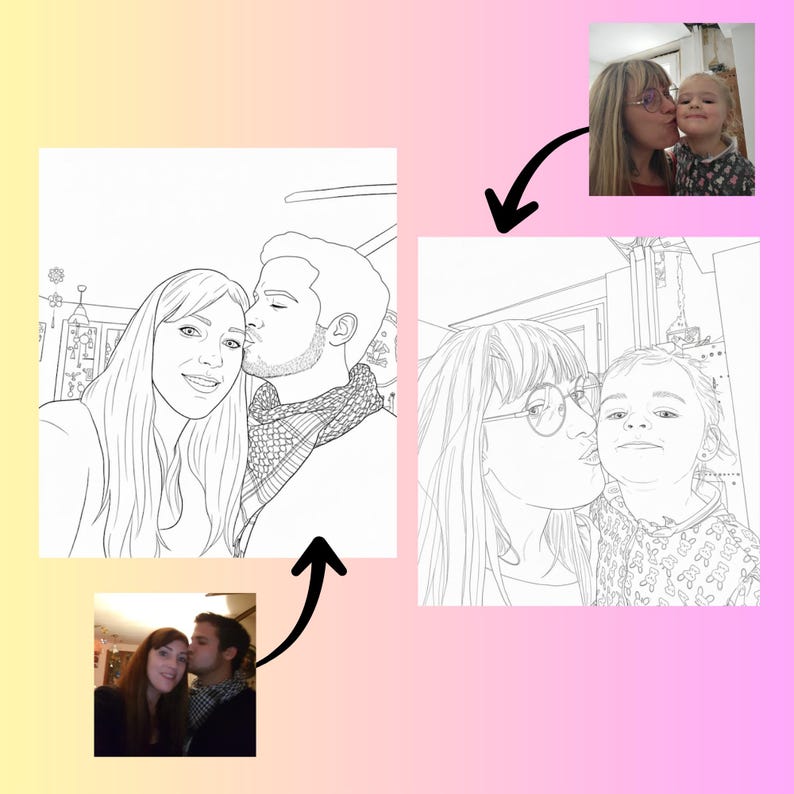Puede incluir: Retratos de arte digital de una pareja y una madre con un ni&ntilde;o, cada uno en una pose de beso. Los retratos son dibujos lineales en blanco y negro, con las fotos originales en color en las esquinas. El fondo es un degradado de amarillo y rosa.