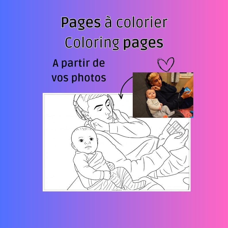 Peut inclure: Image avec le texte "Pages à colorier Coloring pages" et "A partir de vos photos". L'image montre un dessin au trait en noir et blanc d'un parent et d'un bébé, avec une photo d'un parent et d'un bébé dans le coin.