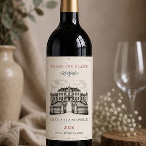 Könnte beinhalten: Eine dunkle Glasweinflasche mit goldener Kapsel und cremefarbenem Etikett. Das Etikett zeigt eine schwarz-weiße Illustration eines Schlosses, den Text GRAND CRU CLASSÉ, CHÂTEAU LA NOUVELLE, 2026 und den Satz ON VA AVOIR UN BÉBÉ.