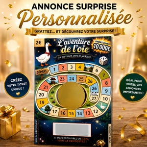 May include: A rectangular scratch-off game card titled L'aventure de l'oie featuring a goose illustration, a numbered spiral path from 1 to 27, a large circular gold scratch area, a die, and a rectangular silver scratch area at the bottom.