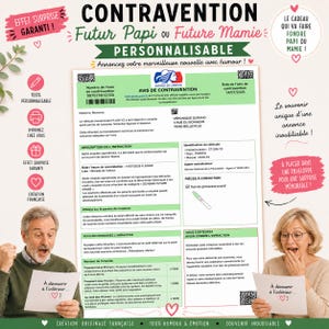 Peut inclure: Un document fantaisie personnalisé intitulé AVIS DE CONTRAVENTION conçu comme une annonce de grossesse. Le papier blanc comporte des sections vertes, du texte en français et un graphique d'un test de grossesse positif, présenté comme un avis.