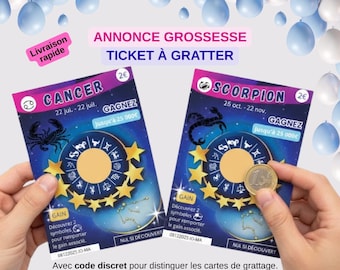 Annonce grossesse – Carte à gratter signe astrologique – Ticket astro – Carte surprise signe zodiaque – Tu vas être papa / tata/ mamie...