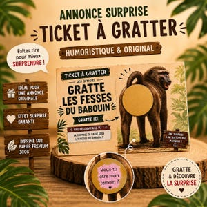 Peut inclure: Une carte à gratter rectangulaire illustrée d'un babouin avec une zone à gratter dorée circulaire. Le texte indique TICKET À GRATTER, GRATTE LES FESSES DU BABOUIN et Veux-tu être mon témoin ? La carte présente des graphismes sur le thème jungle.
