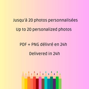 Puede incluir: Imagen con un fondo degradado amarillo, rosa y morado. El texto dice: "Hasta 20 fotos personalizadas" y "Entregado en 24h". Una fila de l&aacute;pices de colores se encuentra en la parte inferior.
