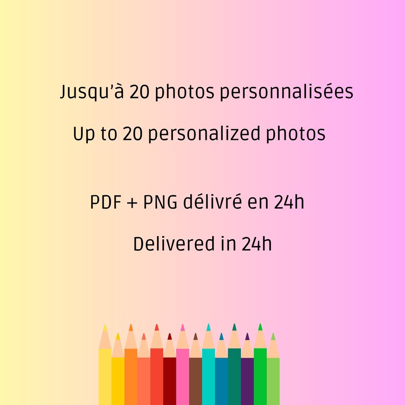Puede incluir: Imagen con un fondo degradado amarillo, rosa y morado. El texto dice: "Hasta 20 fotos personalizadas" y "Entregado en 24h". Una fila de l&aacute;pices de colores se encuentra en la parte inferior.