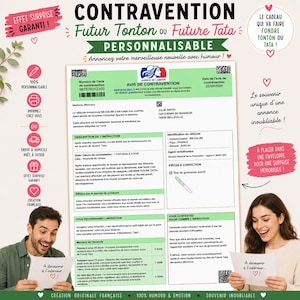 Peut inclure: Un document d'annonce de grossesse personnalisé sous forme d'avis de contravention. Ce document comporte des sections vertes et blanches avec du texte, un code-barres et le dessin d'un test de grossesse positif pour annoncer une future tata ou tonton.