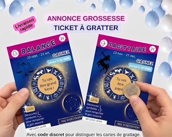 Scratch-off ticket announcing a surprise pregnancy or wedding – Scratch-off card with astrological sign – Surprise card with zodiac sign – You're going to be a dad