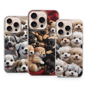 Puede incluir: Tres fundas para teléfono con un collage de cachorros adorables. Las fundas muestran una variedad de razas con diferentes colores, incluyendo blanco, marrón, negro y gris. Los cachorros se representan en varias poses, algunos con la lengua fuera.
