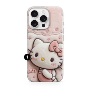 May include: A pink phone case featuring a 3D design of Hello Kitty. The case has a soft, textured appearance with a repeating pattern of hearts and stars. The Hello Kitty character is wearing a pink bow and overalls.