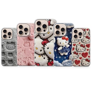 May include: A collection of five phone cases featuring Hello Kitty designs. The cases showcase various textures and patterns, including plush, embossed, and printed designs. Colors include pink, gray, white, and blue, with red accents. The cases are designed for a smartphone.