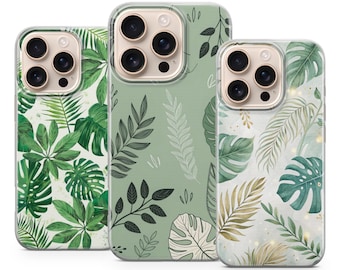 May include: Three phone cases with tropical leaf designs. The cases feature a variety of green leaves on a white, light green, and off-white background. The cases have a clear border and a camera cutout.