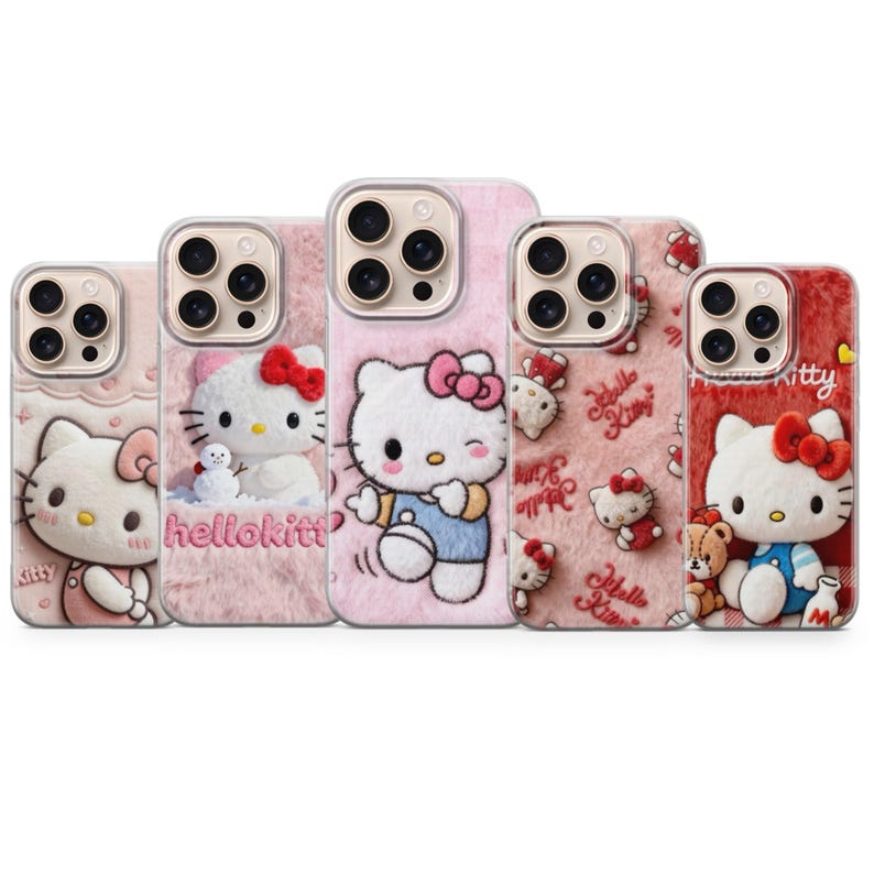 May include: Five phone cases featuring the Hello Kitty character. The cases have a variety of designs, including a plush pink background, Hello Kitty with a snowman, and Hello Kitty in different outfits. The cases are in shades of pink and red.