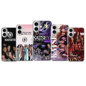 May include: A collection of five phone cases with various designs. The cases feature images of a group of people, text that reads "KATSEYE", and other graphics. The cases have different color schemes, including black, pink, purple, and red.