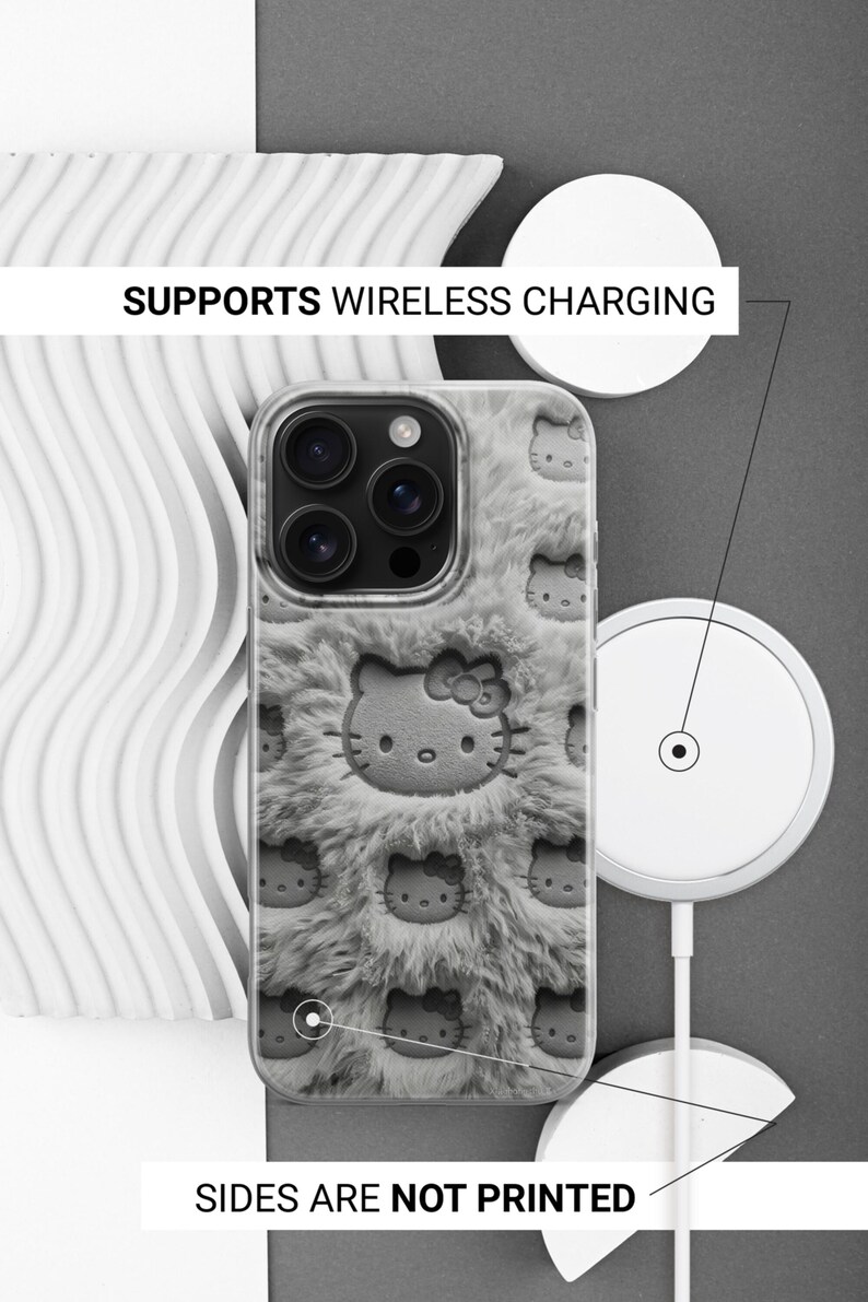 May include: A phone case with a gray, fuzzy texture and a repeating pattern of a cartoon cat face. The case is shown with a wireless charger. Text on the image reads: SUPPORTS WIRELESS CHARGING and SIDES ARE NOT PRINTED.