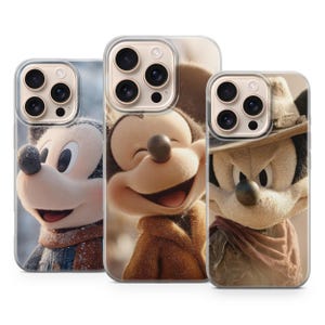 May include: Three clear phone cases showcasing Mickey Mouse in various animated designs. One depicts Mickey in a winter setting, another smiling broadly, and the third wearing a cowboy hat and scarf.
