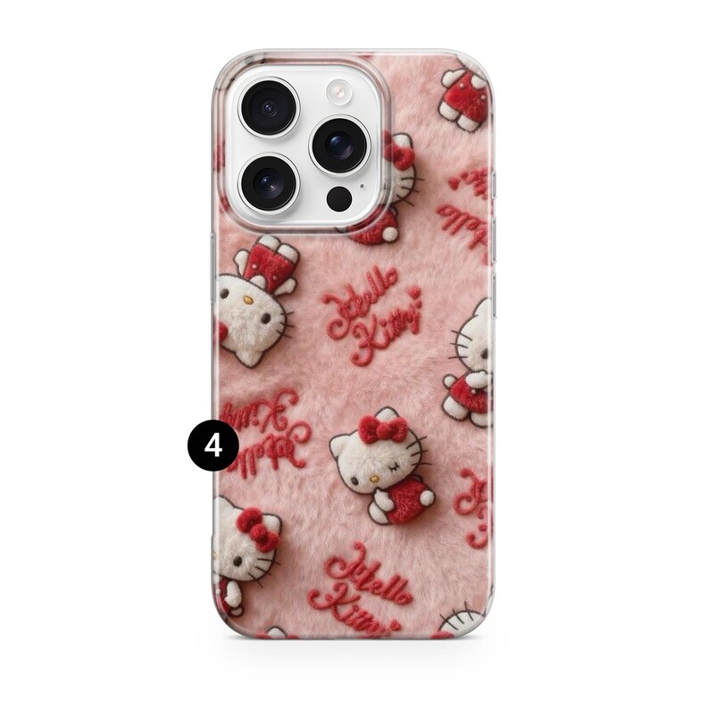 May include: A pink phone case featuring a repeating pattern of Hello Kitty characters in red and white. The case has a fuzzy texture and the words "Hello Kitty" are written in red script.