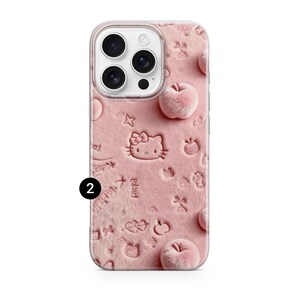 May include: Pink phone case with a fuzzy texture and embossed Hello Kitty design. The case features a repeating pattern of apples, stars, bows, and other cute elements. The number "2" is printed on the side.