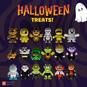 May include: A selection of 3D-printed Halloween mini toys featuring monsters and spooky characters. The toys include a werewolf, mummy, pumpkin, skeleton, and vampire. The words "Halloween Treats!" are displayed in orange text.
