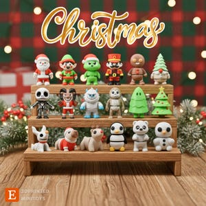 May include: A wooden display shelf holds a collection of Christmas figurines. The figurines include Santa Claus, elves, snowmen, and other festive characters. The word "Christmas" is written in gold script above the figurines.