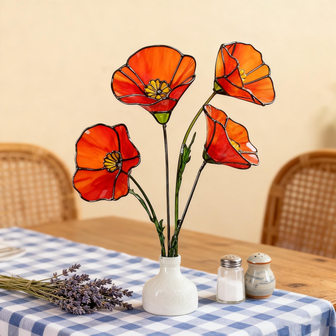 Stained Glass California Poppy Set｜Faux Flower Home Decor｜Hand Glass Floral Art Kit｜Table Decor｜Christmas Gifts for Mom｜Dining Table Decor