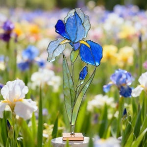 Irisblomma Botanisk konst Blå irisblomma på stenställ Målat glasbordsdekor Lövväxt Solfångare Bordsdekoration för vardagsrum
