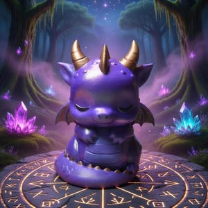 Peut inclure: Figurine de dragon violet avec des cornes et des ailes dorées, posée sur une plateforme en pierre avec un motif circulaire illuminé. L'arrière-plan présente une forêt mystique avec des cristaux et un ciel étoilé.