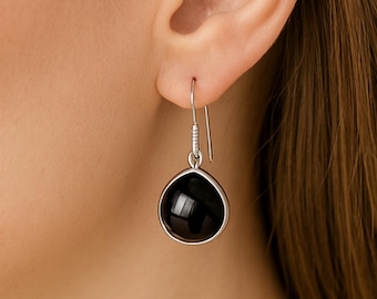Black Onyx Sterling Silver Drop Earrings • Handmade Gemstone Jewelry