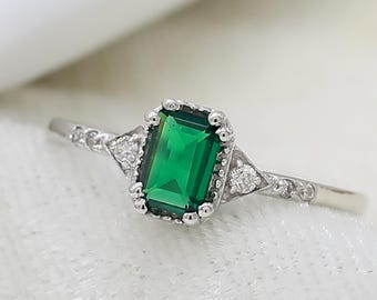 Green Emerald Ring • Sterling Silver Art Deco Promise Ring