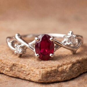May include: A silver ring featuring a central oval-cut deep red ruby gemstone held in a prong setting. The band has a twisted vine-like design with two small clear round-cut accent stones set on either side of the central ruby gemstone.