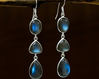Labradorite Drop Earrings | Sterling Silver Dangle, Blue Flash Gemstone