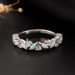 Marquise Opal Wedding Band, Sterling Silver Stacking Ring, October Birthstone, Curved Cluster Ring