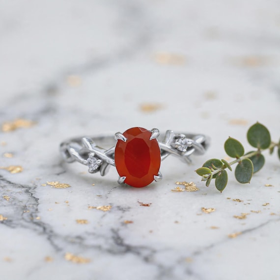 Oval Red Carnelian Ring Sterling Silver – Boho Twig Branch Statement Jewelry