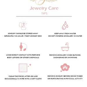May include: A white informational card titled NJC Jewelry Care Tips with pink icons and text. It lists instructions to store jewelry in air-tight boxes, keep away from water, avoid chemicals like perfume, remove before bathing, clean with a soft cloth, and remove before bed.