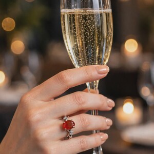 May include: A silver ring featuring a large, oval-shaped, deep orange gemstone set in the center, flanked by two small, clear, round-cut accent stones on a delicate, split-shank band with a polished metallic finish.