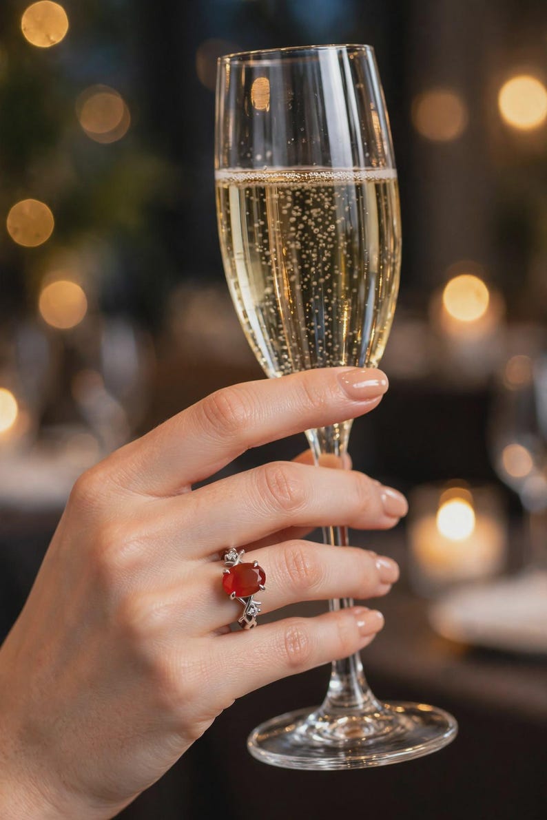 May include: A silver ring featuring a large, oval-shaped, deep orange gemstone set in the center, flanked by two small, clear, round-cut accent stones on a delicate, split-shank band with a polished metallic finish.